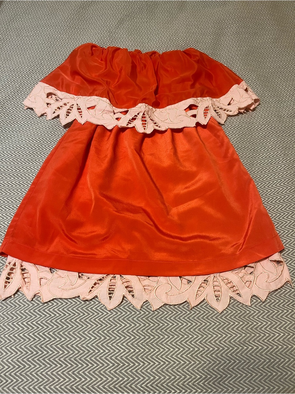 Judith March Bright Orange Ruffled Mini Dress with Peach Lace Trim. Size small.
